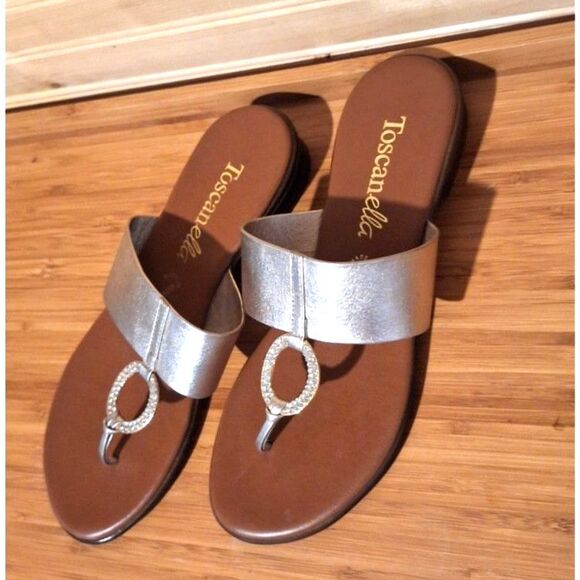 Toscanella Italy Silver Metallic Leather Sandals Rhinestone Ring Thong Size 8 - Picture 3 of 7